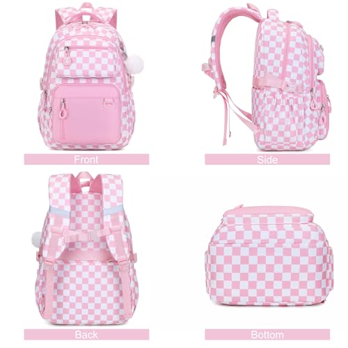 Bevalsa Backpack for Girls 3PCS Teen Girls Pink Backpack for School with Lunch Bag Pencil Case Cute Kids Laptop Backpacks Bookbag for Elementary Middle High School College Student (Checkerboard) - color: Pink Checkerboard