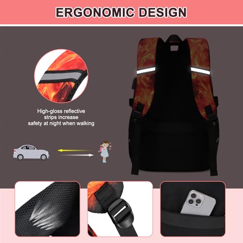 3PCS School Backpack for Boys, Cool Gamer Boys Backpack with Lunch Box and Pencil Case for Kids Kindergarten Teens Elementary Middle School Bag with Convenient Charging Port,Gaming Bookbag Waterproof - color: Red Flame Race Car