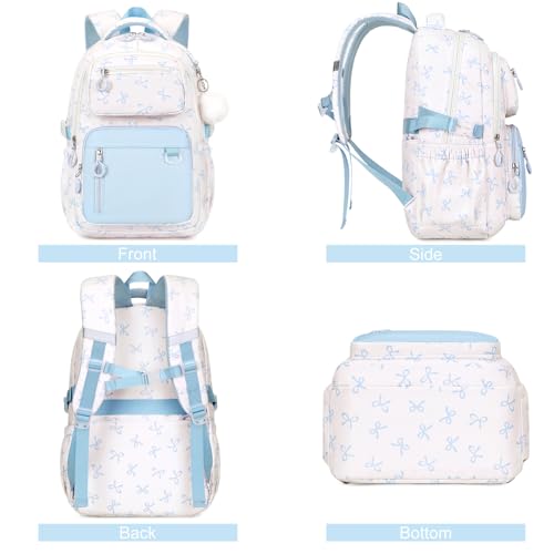 Bevalsa Backpack for Girls 3PCS Teen Girls Bow Backpack for School with Lunch Bag Pencil Case Blue Cute Kids Laptop Backpacks Bookbag for Elementary Middle High School College Student (Bow) - color: Blue Bow