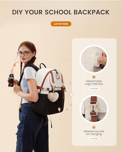 LOVEVOOK School Backpack for Teen Girls, Waterproof Travel College Bookbag for Middle High School with Large Cup Holder & Pencil Case, Fits 15.6'' Laptop, Cute Aesthetic Kids Student Backpack - color: Black Cream Brown