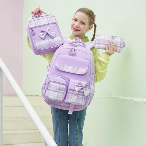 ACESAK Girls Backpack - 3PCS Backpack for Girls Cute School Backpacks for Girls Kindergarten Elementary Preschool Middle Kids School Bags with Lunch Box Pencil Case Set (Purple) - color: Purple
