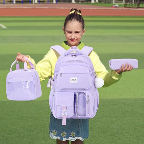 ACESAK Backpack for Girls - Girls Backpack with Lunch Bag & Pencil Pouch for Teen Kids Laptop Backpack for Women, Elementary Middle High School Bookbag Travel Daypack (Purple) - color: Purple
