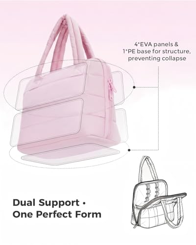 Wandering Nature Standing Makeup Bag for Travel, Portable Fold-down Cosmetic Organizer, Puffer Open Make Up Pouch with Handle & Divider & Brush Holder, Easy Clean Toiletry Bag with EVA Lining - color: A1: Pink