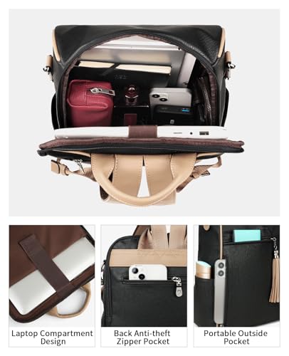 FADEON Leather Laptop Backpack for Women Designer 15.6 inch PU Laptop Bag, Ladies Travel Computer Work Backpack Black - color: Black Retro Style