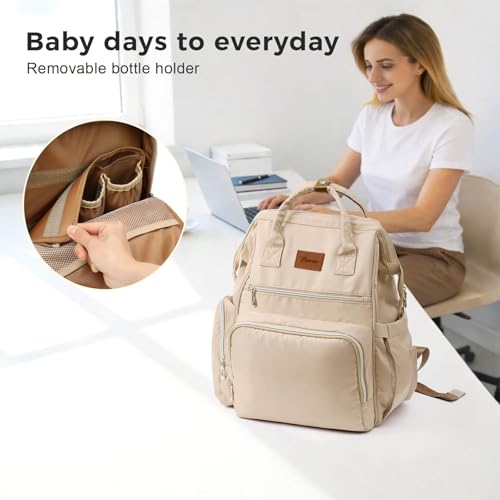 Diaper Bag Backpack, Large Capacity Baby Bag with 14 Pockets, 3 Insulated Bottle Pockets, Changing Pad, Wet/Dry Pocket, Stroller Straps and Luggage Sleeve, Unisex for Mom and Dad, 27L Beige - color: Beige, size: Large