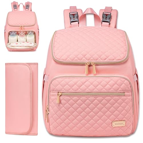 Weitars Diaper Bag Backpack Large Baby Diaper Bag with Changing Pad Travel Diaper Backpack,Baby Bag for Boys Girls,Stroller Straps,5 Insulated Pockets (Pink) - color: Pink
