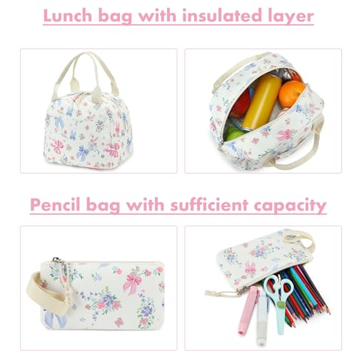 Bluboon Teen Girls School Backpack Kids Bookbag Set with Lunch Box Pencil Case Travel Laptop Backpack Casual Daypacks (Pink Blue Bow - White) - color: Pink Blue Bow - White