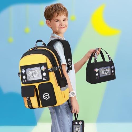 Scothen Boys Backpack, Cool Luminous School Backpacks for Boys with Lunch Bag Pencil Case, Kids Backpack Kindergarten Elementary Middle School Book Bags for Teen Boy Children with USB Charging Port - color: Yellow