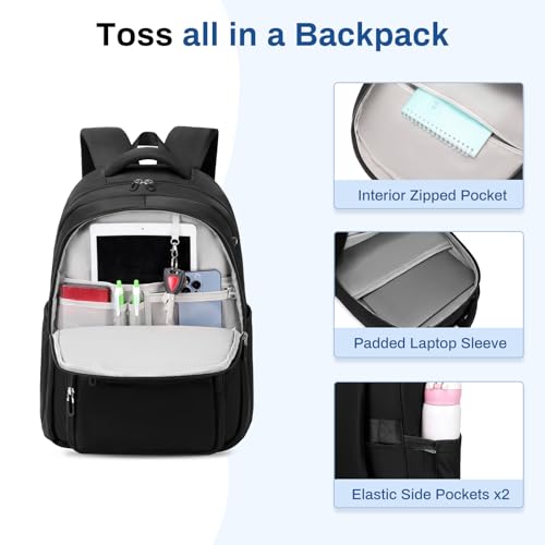 Sisipoet School Backpack for Girls, Lightweight Kids Bookbag for Boys Classic College Backpack for Teen Men Women with Luggage Strap, Age 8-18 Years Old, Black - color: Black