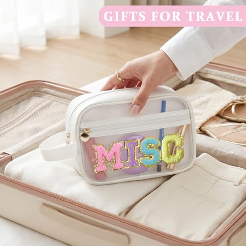 COSHAYSOO Clear MISC Makeup Bag Miscellaneous Stuff Organizer, Small Preppy Chenille Letter Patch Cosmetic Zipper Pouch, Toiletry Make Up Travel Purse Gifts for Teen Girls Women Daughter Sister - color: White-MISC