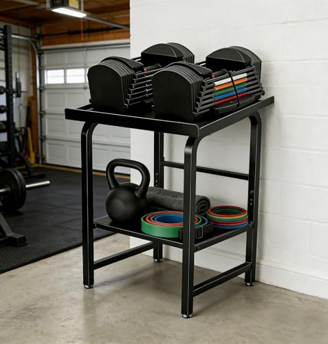 Adjustable Dumbbell Rack Weight Stand, 500LBS Heavy Duty Solid 2-Tier Kettlebell Storage Organizer, Full Rubber Anti-Slip Mat Space Saving Gym Rack for Home Garage (Rack Only, No Dumbbells)