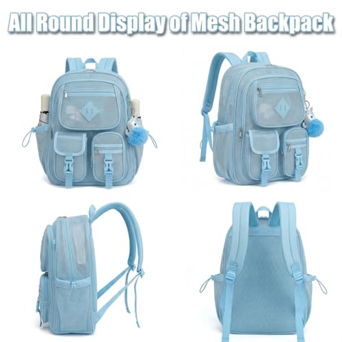 Mesh Backpack for Girls Boys, Heavy Duty Semi-Transparent Mesh Bookbag Womens Mens Mesh Backpacks for School, Sports, Beach, Swimming, Travel - Baby Blue - color: Baby Blue