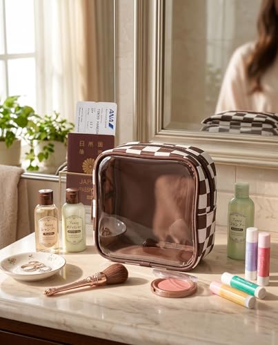 Clear Checkered Makeup Bag, Small Cosmetic Pouch with Zipper Mini Waterproof Makeup Purse Organizer Cute Cosmetic Bag Travel TSA Approved Toiletry Bag Car Organizer for Women Girls (Brown) - color: Brown