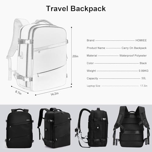 HOMIEE 50L Travel Backpack Large Suitcase Water Resistant Luggage Daypack Carry on Backpack for Men Women Fits 17.3 Inch Laptop, Black - color: Black, size: 3X-Large