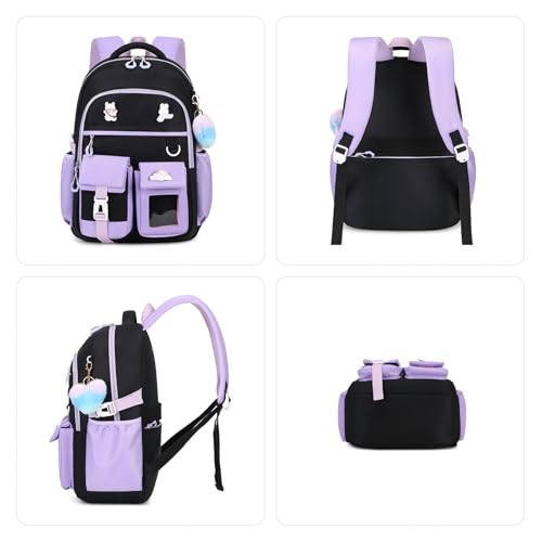 Girls Backpack, Lightweight Kids Backpack Kawaii School Backpacks Bookbag for Primary Elementary School,Age 6-14 years,Green Match Purple(Luggage Strap Ver) - color: 1pc-black & Purple(luggage Strap Ver)