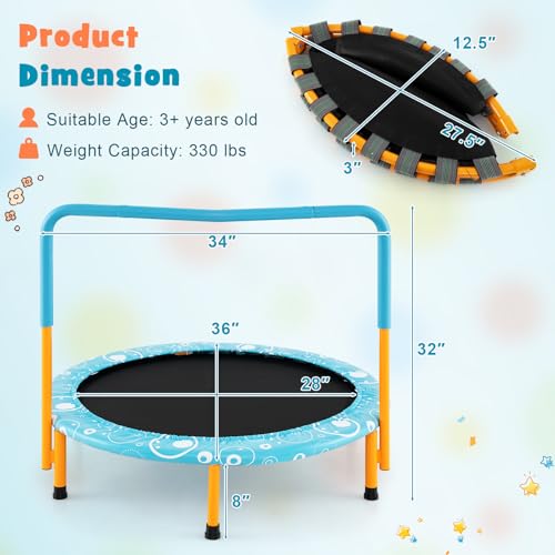 KOTEK 36 Inch Toddler Trampoline, Foldable Mini Recreational Trampoline with Handle & Safety Padded Cover, ASTM Approved Small Baby Trampoline, Indoor Trampoline for Kids, Max Load 330 Lbs - color: Orange