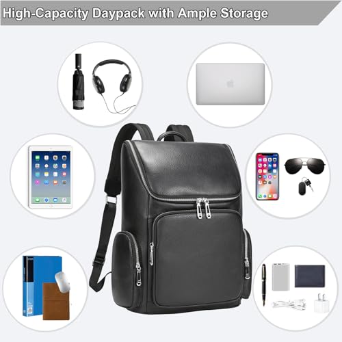 Genuine Leather Black Backpack - 15.6 Inch Business Laptop Backpack for Men & Women, Multi-Compartment Ergonomic Shoulder Bag for Office, Travel - color: Y60&71 Black