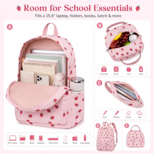 BTOOP School Backpacks for Teen Girls Bookbags Lightweight Kids Backpack School Bags Set with Lunch Box Pencil Case - color: Pink Strawberry