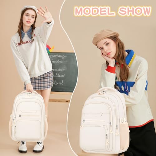 PRAGARI Cute Backpack for School Girls Aesthetic Backpack Women College Bookbag Large Students Laptop Bag Travel Casual Daypack - color: Beige