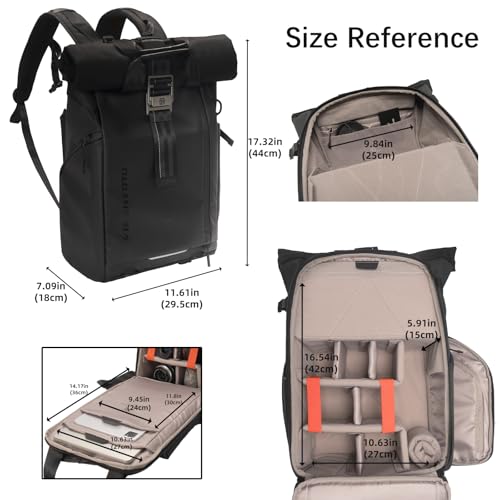 Besnfoto Waterproof Camera Backpack, Rolltop Photography Bag for Photographers, Expandable DSLR Mirrorless Case with 15.6" Laptop Compartment, Quick Side Access & Tripod Holder for Hiking Travel - color: Black Ii