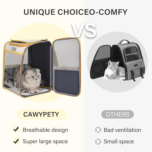 Cawypety Cat Backpack Carrier, Collapsible and Breathability Cat Carrier Large for Cat Under 16 lbs, Dog and Small Pet Carrier Bag Used in Travel, Car - color: Yellow and Beige