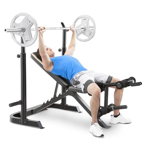 Marcy Olympic Workout Bench for Home Gym Strength Training Equipment with Preacher Curl Pad and Weight Rack Storage, White/Black - style: Two-piece
