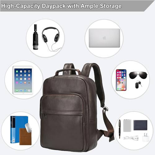 Durable Genuine Leather Backpack - 15.6 Inch Laptop Bag for Business Commute & Travel, Large Capacity Multi-Pocket Backpack for Men/Women, Coffee - color: Y80&19y Coffee
