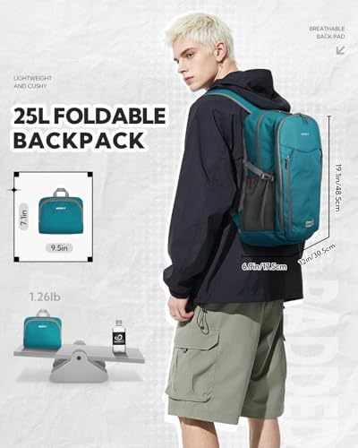 WATERFLY Lightweight Packable Backpack, 25L Small Foldable Travel Daypack | Multi-Pocket with Luggage Strap, Breathable Back Pad, Comfortable to wear, Easy to Fold, Compact Day Pack for Hiking Outdoor - color: Peacock Blue