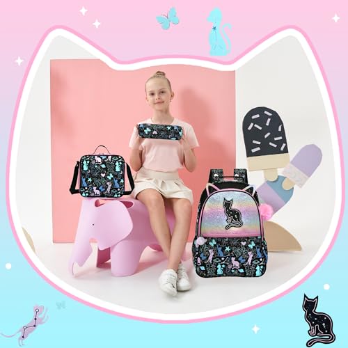 Cute Cat School Backpacks for Girls Backpacks for School Black Bookbag with Lunch Box for Elementary Students Ages 6-8 Years Old - color: Black Cat
