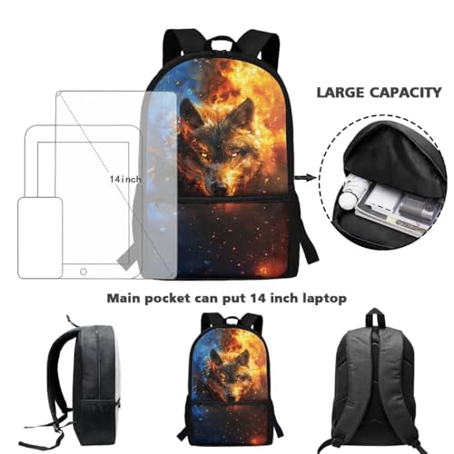 ZOUTAIRONG Flaming Wolf Print Backpack and Small Water Bottle, Large Capacity School Bags Lightweight Bookbag with Side Pockets for Small Thermos - color: Flaming Wolf