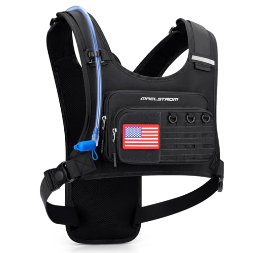 Maelstrom Hydration Vest with 2L Water Bladder Backpack for Running Hiking | Chest Pack, BPA-free, High Flow Bite, Reflective Stripe, Helmet Buckle, Detachable, Breathable Pad, for Cycling, Marathon - color: Black
