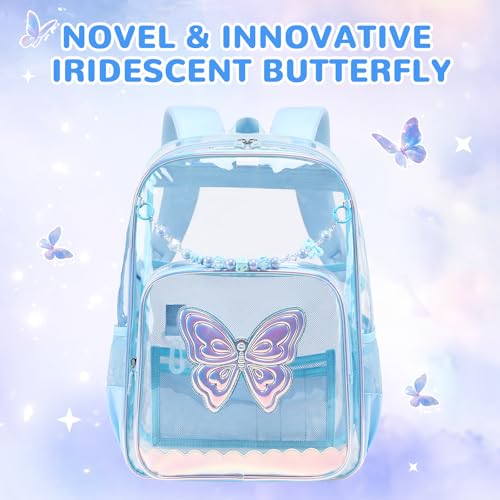 MUSEVOS Clear Backpack for School, Clear Bookbag for Girls PVC Heavy Duty Transparent Backpack, Blue Butterfly - color: Blue