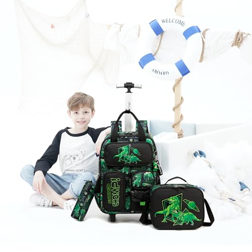 Kids Rolling Backpack with Wheels for Elementary Preschool Students 16inch Boys Travel Luggage Carry on Backpack for Boys Ages 6-8 Dinosaur - color: B Dinosaur
