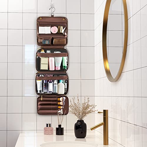 Elviros Hanging Toiletry Bag Removable Travel Bag PU leather Makeup Cosmetic Organizer Kit, Coffee - color: Coffee