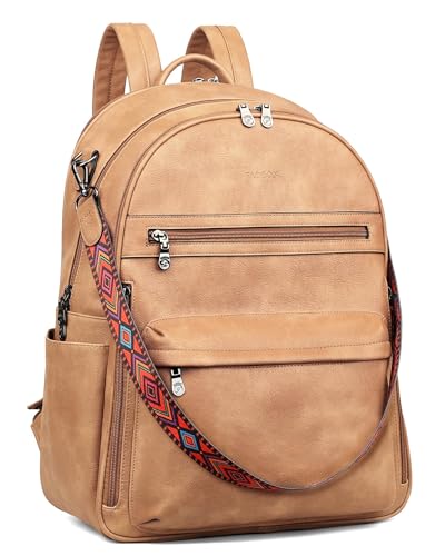 FADEON 15.6 Inch Laptop Backpack Purse for Women, Large Capacity | Vegan Leather Backpack with Padded Straps, Laptop & iPad Slots Fits 13", 14" & 15.6". Roomy for Daily, Work & Travel - color: Camel Brown Retro Style