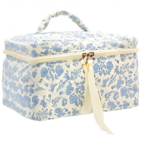 PAZIMIIK Cotton Makeup Bag for Women Large Quilted Travel Cosmetic Case Girls' Make Up Organizer,Little Flower Blue - color: Flower Blue