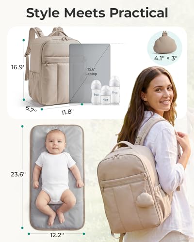 BAGSMART Diaper Backpack with Insulated Pockets & Changing Pad, Camel - color: Brown