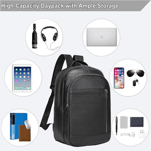 Large Capacity Black Leather Backpack for Men, 15.6 Inch Genuine Leather Laptop Backpack Business Travel Shoulder Daypacks - color: Y80&16y Black