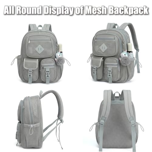 Mesh Backpack for Girls Boys, Heavy Duty Semi-Transparent Mesh Bookbag Womens Mens for School, Sports, Beach, Swimming, Travel - Light Grey - color: Light Grey