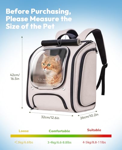 Pecute Cat Backpack Carrier,Large Space Cat Bubble Backpack,Ergonomic,Khaki - color: Khaki, size: 12.6"L x 10.2"W x 16.5"H