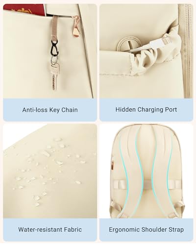 LIGHT FLIGHT Travel Backpack for Women, 15.6 Inch, Warm Beige | Laptop Backpack, USB Charging Hole, Water Resistant, Large Capacity, College Bookbag - color: Warm Beige, size: 15.6 Inch without Wheels