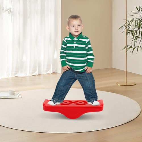 Kids Rocking Seesaw Balance Board with 5 Wooden Balls Sensory Training Rocking Board Balance Training Equipment Children Indoor Outdoor Activity Toy - color: Red