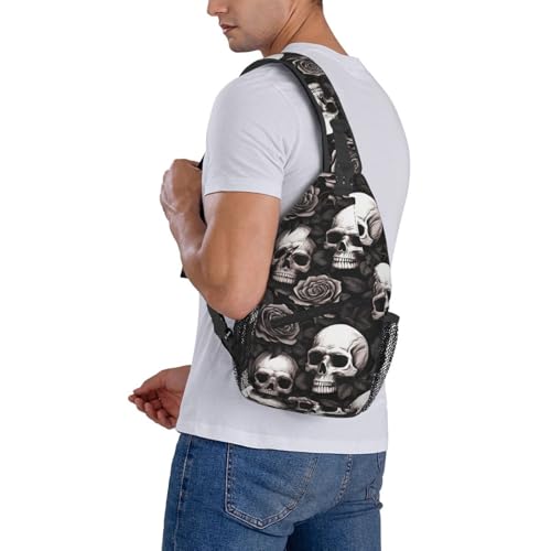Skulls And Roses Outdoor Crossbody Shoulder Bag For Unisex Young Adult Hiking Bicycling - color: Blue