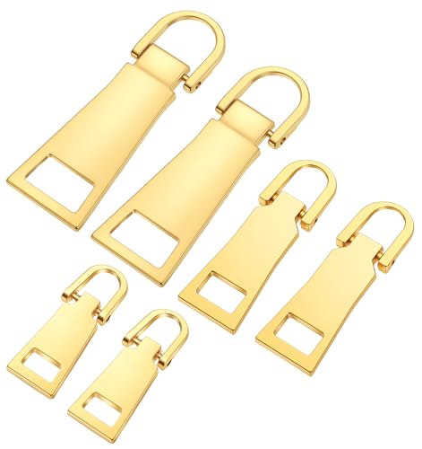6 Pcs Zipper Pull Replacement, Gold Zipper Pull for Luggage, Backpack, Jacket, Suitcase & Handbags, Durable Metal Zippers Slider Repair Kit (Small/Middle/Large)