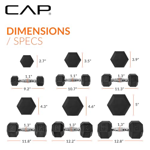 CAP Rubber Coated Hex Dumbbell Set with Storage Rack | 100–210 lb Options, Space-Saving Vertical Compact Storage for Home Gym Strength Training - size: 210 lb - Set - Black Rack, style: Chrome Handles