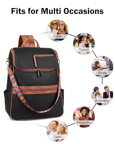 FADEON Laptop Backpack for Women Leather Travel Backpack with Laptop Compartment, Designer PU Shoulder Laptop Bag Black Brown - color: Retro Black With Brown