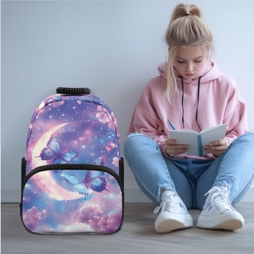 JEOCODY Kids School Bag Butterfly Backpack for Girls Boys Bookbag with Lunch Box Pencil Case Water Bottle Holder Set of 4 Daypack for Travel Picnic Hiking Back to School Accessories - color: Butterfly With Moon Printed