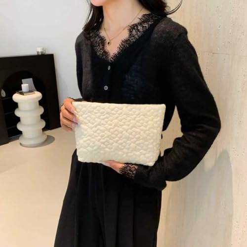 Puffy Quilted Makeup Bag, Cosmetic Travel Pouch, White Flowers - color: White Flower