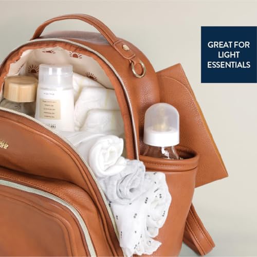 Itzy Ritzy Mini Diaper Bag Backpack – Chic, Compact Mini Plus Backpack with Changing Pad, 10 Pockets (6 Internal, 4 External), Grab-Top Handle & Rubber Feet (Cognac) - color: Cognac