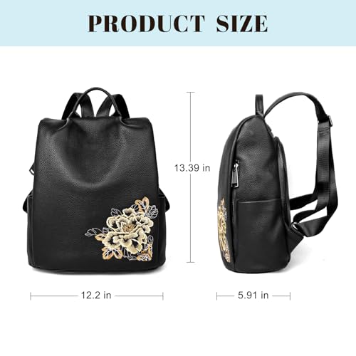BOYATU Women’s Full-Grain Leather Backpack Purse, Elegant Floral Designer Purse, Work Commuter & City Travel, Compact Everyday Essentials, Fashion RFID Pocket Bag (Black) - color: Z-black